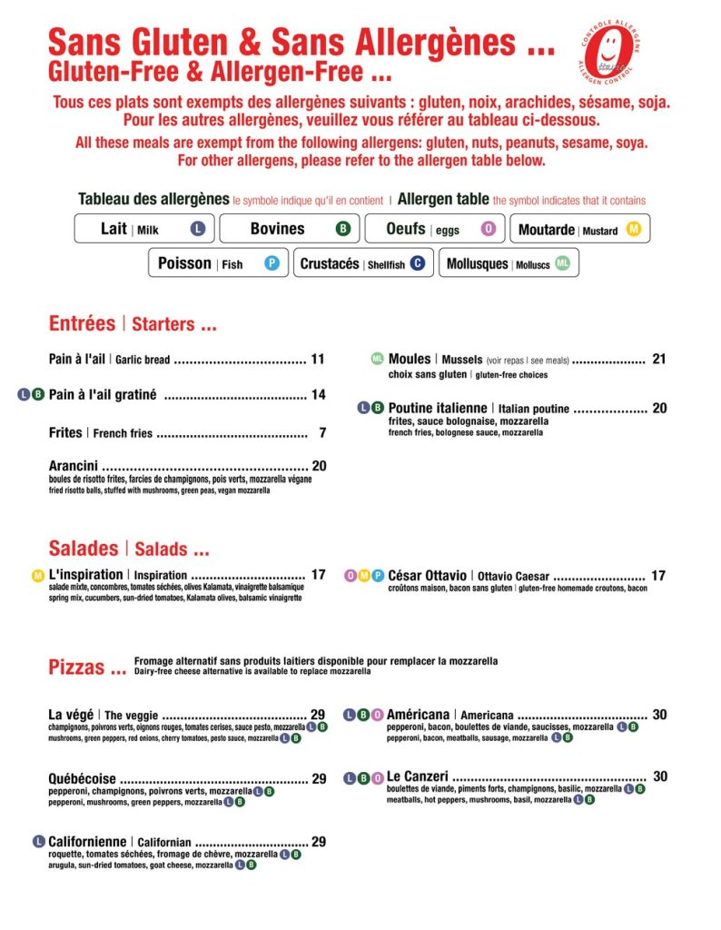 Menu sans gluten Ottavio Pizza, pâtes, moules.